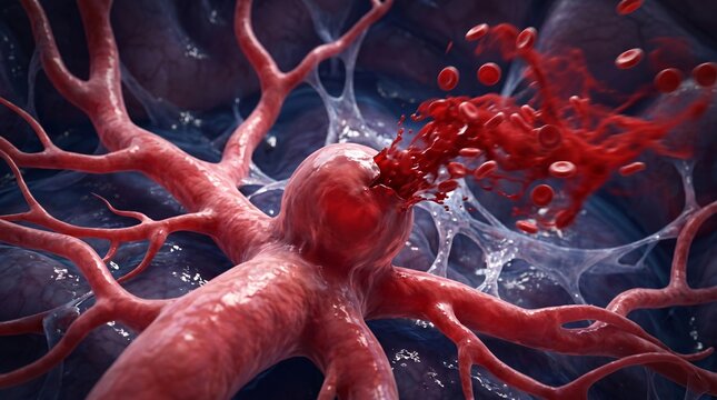 Microscopic view of a ruptured blood vessel with flowing red blood cells and tissue