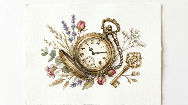 Vintage Pocket Watch with Dried Flowers and Key in Artistic Design