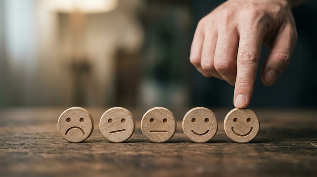 Close-up of a hand selecting a smiling face wooden block, representing top customer satisfaction and excellent service feedback