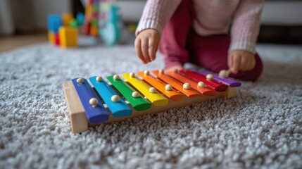 Obraz premium Little Toddler Girl Playing with Colorful Wooden Xylophone Toy on Shaggy Carpet