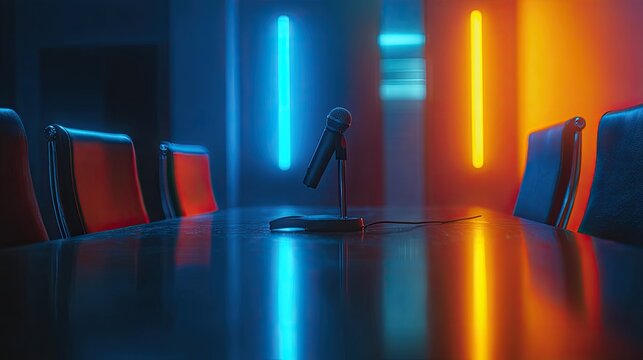 Single microphone on a polished table in a room with blue and orange neon lights