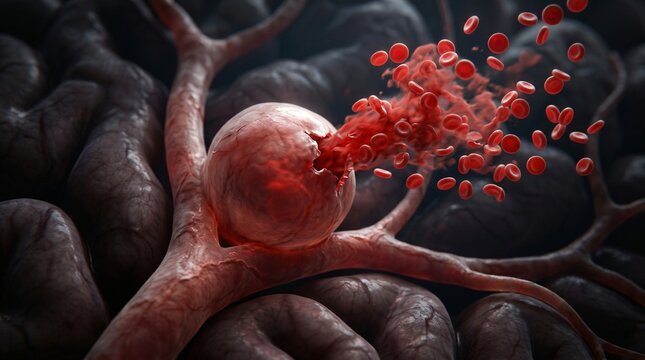 Red blood cells burst from a damaged artery sac into surrounding tissue