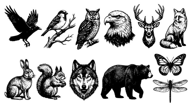 Black and white illustrations of various wild animals and insects together