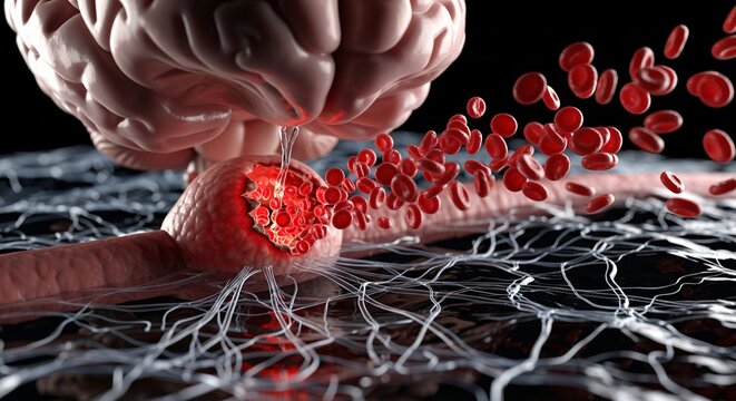 Close up view of a brain blood vessel rupture with red blood cells flowing out