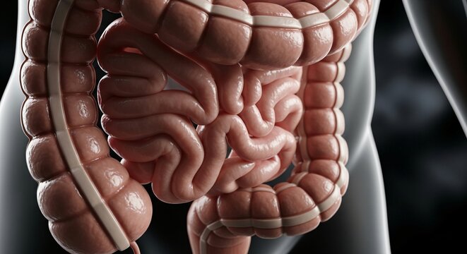 Anatomical illustration of human intestines showcasing the large and small intestines with detailed texture