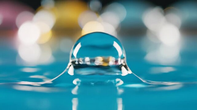 Extreme macro close up of two clear spherical liquid droplets resting on a reflective blue surface with a colorful bokeh background of soft yellow and white out of focus lights.