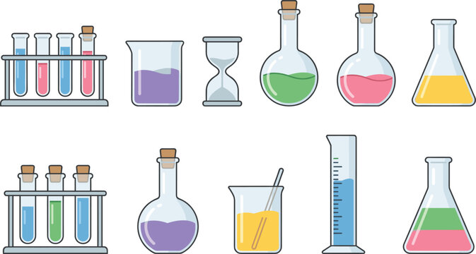 Scientific laboratory glassware icons with test tubes flasks beakers and chemistry measurement equipment vector set