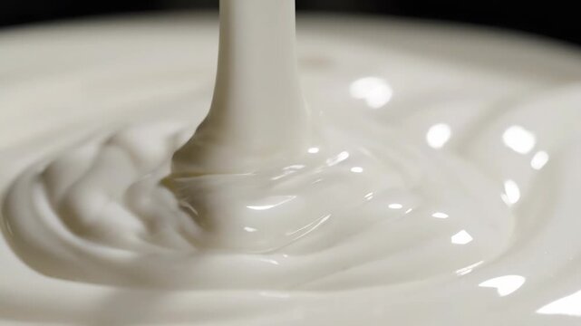 Smooth, creamy liquid cascading into a swirled pool, forming gentle ripples as it settles