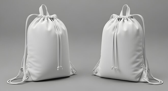 Two white drawstring backpacks on a gray background a mockup for branding and design presentations