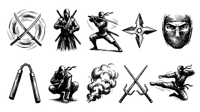 Ninjas with swords and weapons in various fighting poses illustration