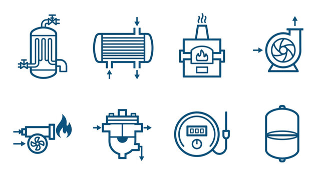 Industrial HVAC and Thermal Equipment Blue Line Icons: Heat Exchanger, Furnace, Fan, Flow Meter, Display, and Storage Tank on an Isolated White Background.