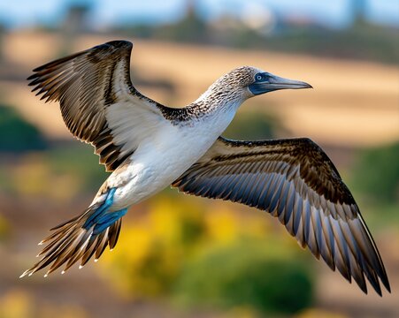 Blue-footed booby soaring with wings spread in flight against blurred background