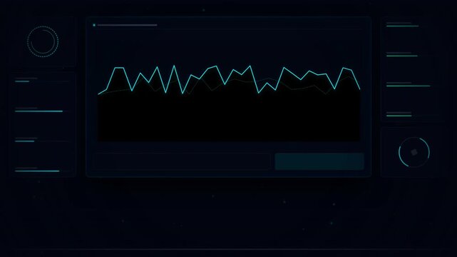 A sleek digital dashboard displays fluctuating line graphs, data metrics, and interactive controls, set against a futuristic dark interface