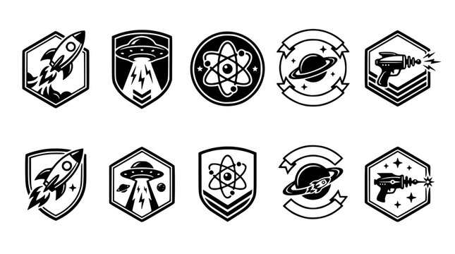 Black and white space icons with rockets and planets