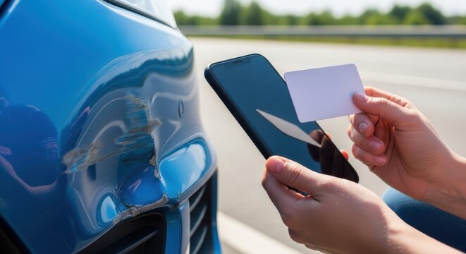 Closeup of a person holding a smartphone and a blank white card next to a damaged blue car bumper after an accident