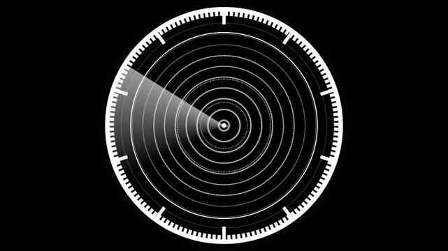 Minimalist White HUD Radar Screen Animation with Sweeping Sonar Beam on Black Background Loop