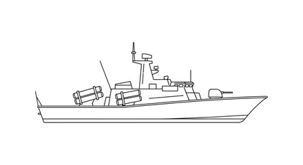 Fototapeta premium Missile Boat Line Drawing - Military Warship Outline
