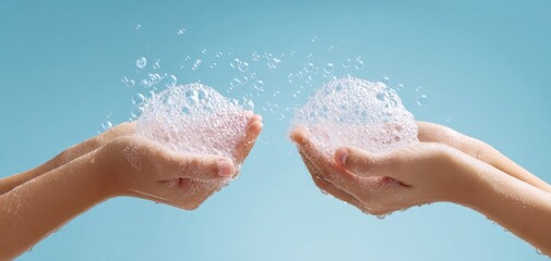 Fototapeta premium The Hands Holding Foamy Soap Bubbles Against a Bright Blue Background for Hygiene