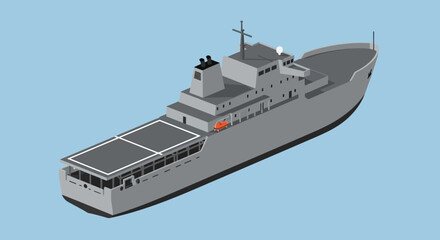 Modern Navy Ship with Helicopter Pad on Blue Background, Military Vessel Illustration © aqwel