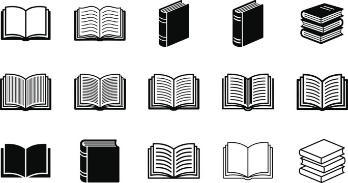 Set of book icons and illustrations including open books stacks and hardcover volumes for education design