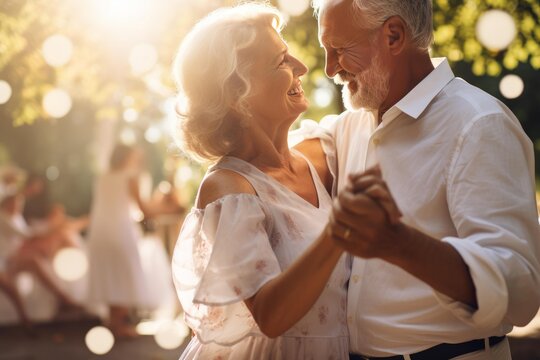 Senior couple dancing outdoors, smiling and holding hands at golden hour