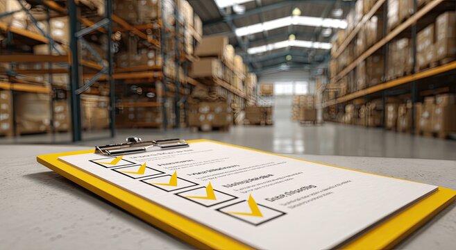Clipboard checklist on floor of bright warehouse with tall shelves filled with boxes