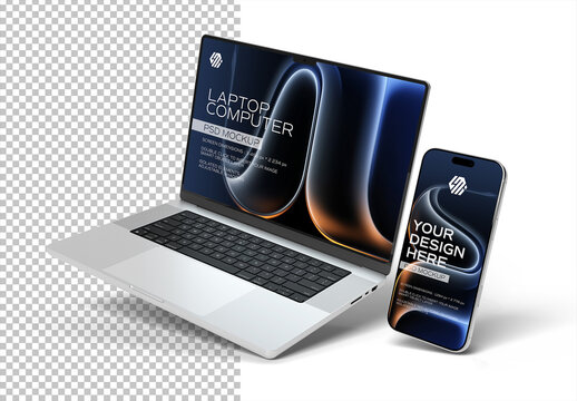 Isolated Silver Smartphone and Laptop Floating on White Background Mockup