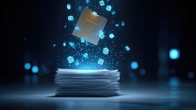 Stack of papers receiving glowing digital documents in a dark, techy environment