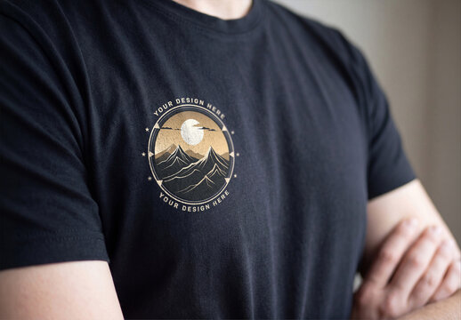Printed Logo Close-Up on Black T-Shirt Mockup &ndash; Minimal Apparel Branding Scene

