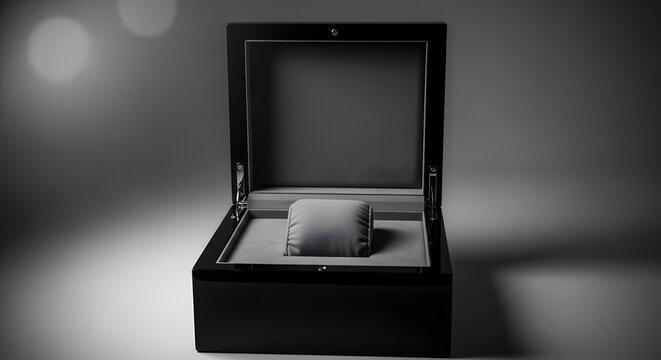 Elegant black jewelry box displaying a small rectangular object possibly a watch or accessory