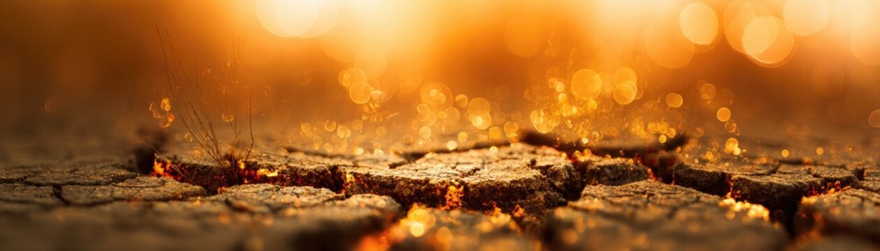 Cracked earth glows with infernal light under a blazing, hazy sky