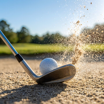 Close up of golf club wedge hitting ball out of sand trap bunker creating dramatic splash effect.