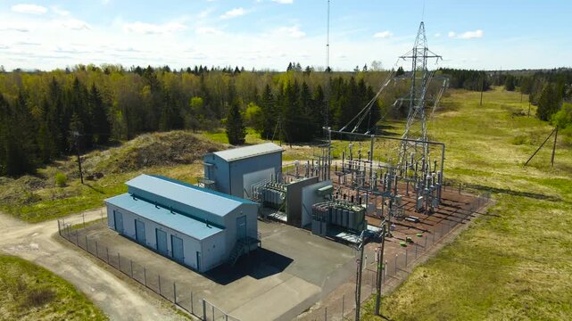 Electrical Substation Aerial View in Rural Sunny Nature