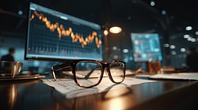 Tortoiseshell glasses rest on financial charts on a desk, implying analysis