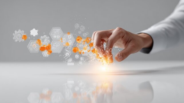 Hand manipulating glowing digital data clusters and geometric shapes