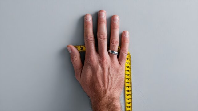 Close-up of a hand being measured with a yellow tape across the knuckles on a grey background