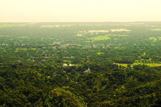 Panoramic High-Angle Aerial View of Lush Green Hills and Valley Landscape in Bangladesh, High Angle Aerial View of Lush Green Forested Hills and Valley Landscape