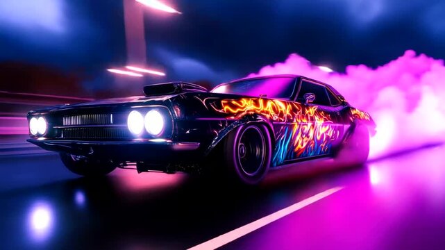 Vibrant muscle car racing through neon-lit cityscape