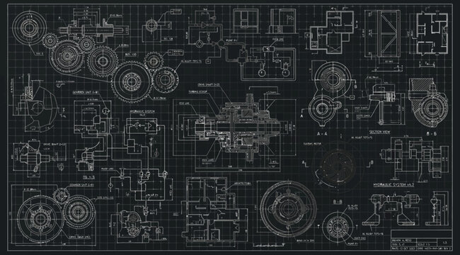 Technical mechanical engineering blueprint with gears and hydraulic systems