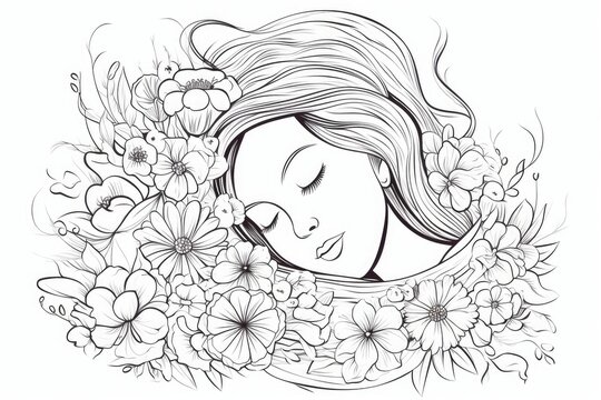 Woman's peaceful face sleeping among delicate floral line art