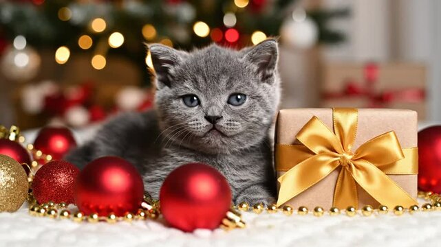 Adorable grey kitten meowing with Christmas decorations, festive gift and holiday lights in the background.