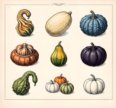Vintage botanical illustration of autumn squash and decorative gourds set on beige background