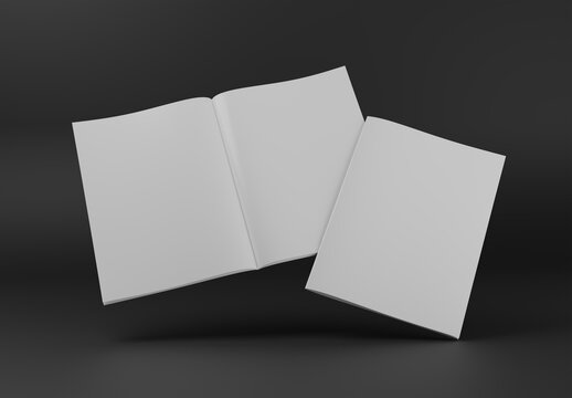 Magazine cover and open magazine Mockup floating on black background with shadows. 3D rendering