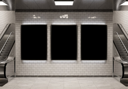 Three billboards on underground wall Mockup. Vertical hoardings in white subway station. 3D rendering