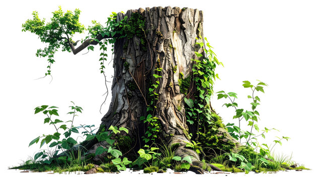 A weathered tree stump, overgrown with verdant vegetation, isolated against a transparent background. Details reveal bark texture and flourishing greenery