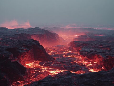 Dramatic landscape of fiery red rock formations under a hazy, warm sky.
