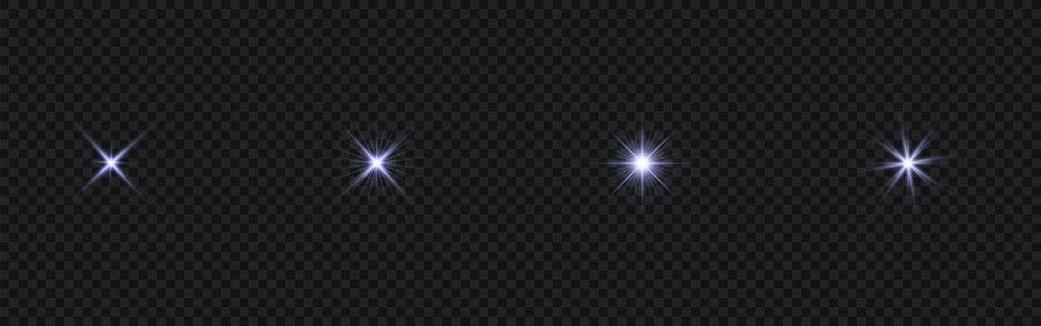 Set of blue light effects and glowing stars on dark background.