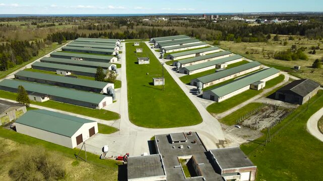 Aerial Orbiting Drone View of an Industrial Poultry Farm for Chicken Breeding