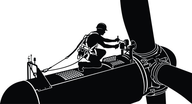 Black vector silhouette of a wind energy technician in a safety harness calibrating a turbine rotor blade on top of a nacelle