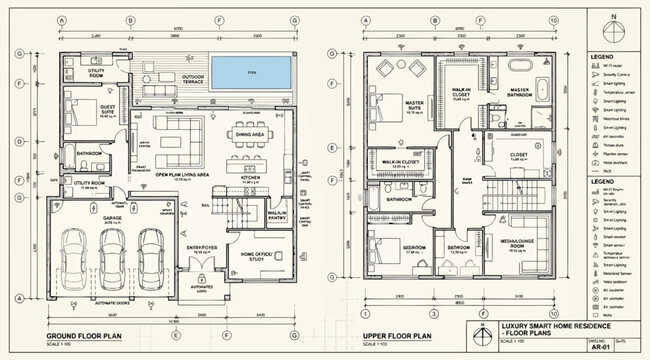 Ground and upper floor plans of a luxury smart home residence with garage and pool
